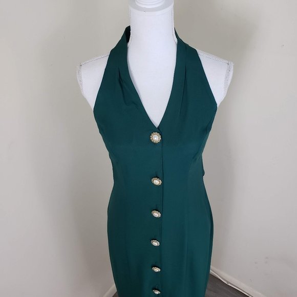 Vintage Knapp Studio Sleeveless Buttoned Halter Neck Dress Emerald Green Size 7 - Picture 6 of 11